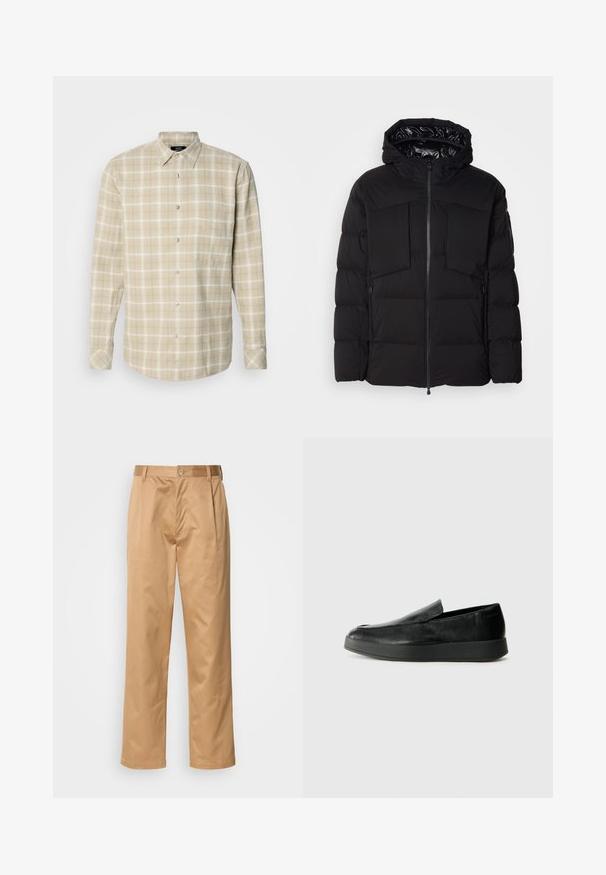 Zwarte donsjack gemaakt van glad nylon, met een ritssluiting aan de voorkant, grote borstzakken en een capuchon. Gevoerd voor isolatie en comfort.; Mads Nørgaard ALASKA CHECK SUNE SHIRT - Overhemd - vanilla ice/silver sage; Khaki broek, katoenmix, recht model, voorplooien, riemlussen en knoopsluiting. Gladde textuur zonder patronen.; Calvin Klein HYBRID CUP - Instappers - triple black