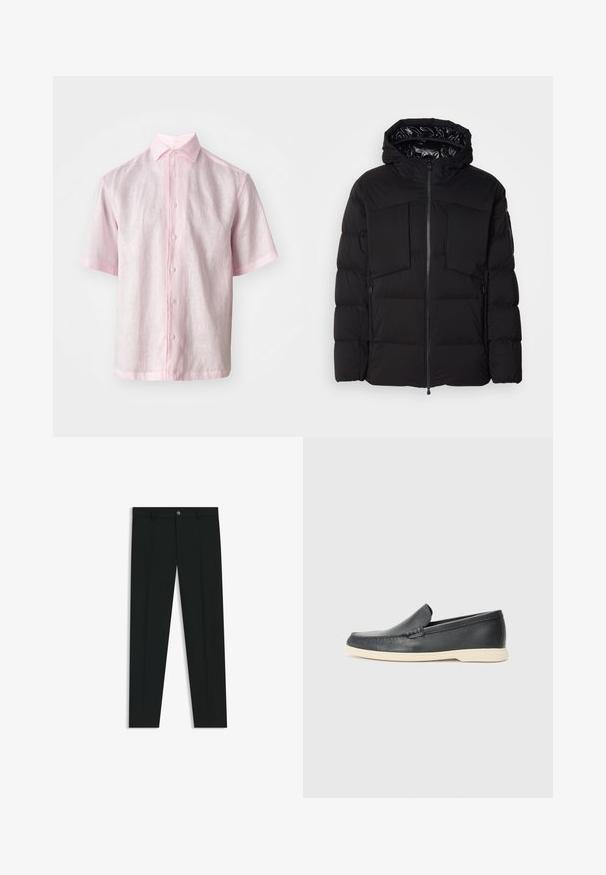 Svart pufferjacka i slät nylon, med framdragkedja, stora bröstfickor och huva. Vadderad för isolering och komfort.; Kortärmad skjorta med knappar i ljusrosa linne, med klassisk krage och rak skärning samt subtil textur.; Svarta dressbyxor med rak bendesign, gjorda av ett mjukt tyg. Har stängning med frontknapp och bälteshällor. Enfärgade utan mönster.; Svarta läder slip-on loafers med en texturerad yta och en kontrasterande beige gummisula. Har en subtil accent längs fram.