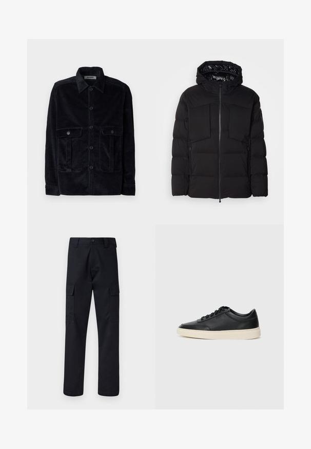 Geacă puffer neagră din nylon neted, cu fermoar frontal, buzunare mari pe piept și glugă. Căptușită pentru izolație și confort.; Jachetă din catifea de bumbac bleumarin, cu guler, închidere frontală cu nasturi, două buzunare pe piept și caneluri verticale texturate.; Pantaloni cargo negri, fabricați dintr-un material rezistent, cu un croi dre apt, două buzunare laterale și o închidere cu button la talie.; Sneaker din piele neagră, cu vârf jos, cu șireturi negre și talpă de un alb murdar, prezentat în profil lateral, pe un fundal alb.