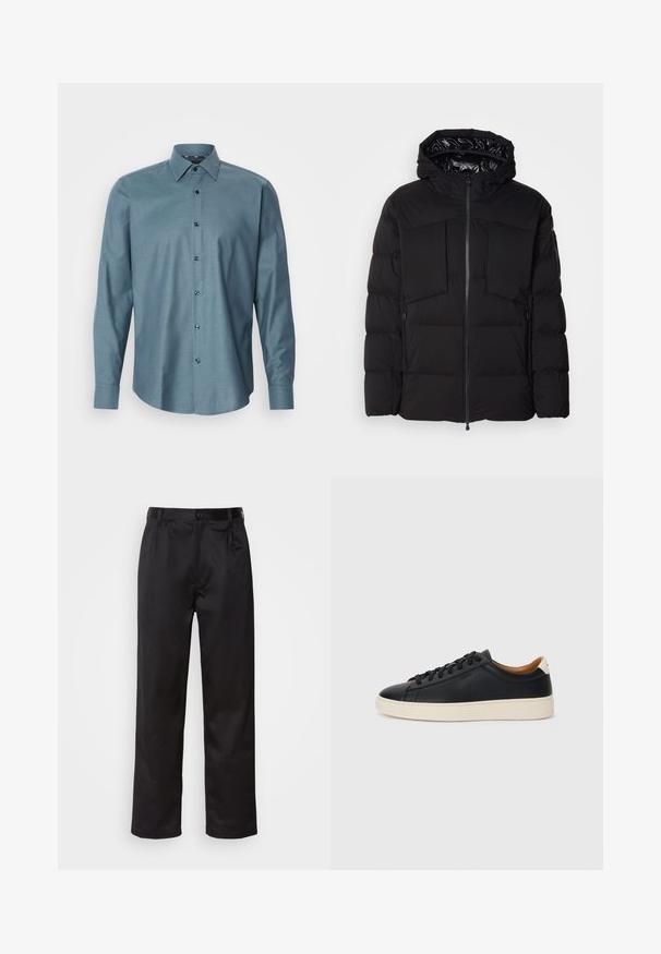 Casaco puffer preto feito de nylon liso, com fecho frontal, grandes bolsos no peito e capuz. Almofadado para isolamento e conforto.; Camisa de botão de manga longa, em tom teal, com padrão texturizado, colarinho pontiagudo e botões escuros. Apresenta um corte tradicional e barra arredondada.; Calças pretas feitas de um tecido suave, com fecho frontal por botão, pregas e pernas retas. Sem padrões ou acentos visíveis.; Tenis de couro preto com uma textura suave, sola de borracha bege, design de atar e um destaque no calcanhar em contraste.