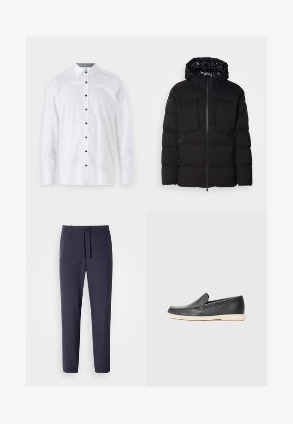 Juodas pūkinis švarkas, pagamintas iš glotnaus nailono, su priekiniais užtrauktukais, didelėmis krūtinės kišenėmis ir gobtuvu. Išpūstas, skirtas šilumai ir patogumui.; Balta ilgomis rankovėmis marškiniai, pagaminti iš medvilnės, su mygtukų užsegimu priekyje, mėlynais mygtukais ir raštuota vidine apykakle. Lygus paviršius.; Tamsios spalvos sportiniai džinsai su elastingu juosmeniu ir vezimo virvele. Pagaminti iš sklandžios medžiagos, su siaurėjančiomis kojomis ir nematomis kišenėmis.; Juodi odiniai batus be raištelių, turintys tekstūruotą paviršių ir kontrastingą smėlio spalvos gumos padai. Yra subtilus akcentas priekyje.