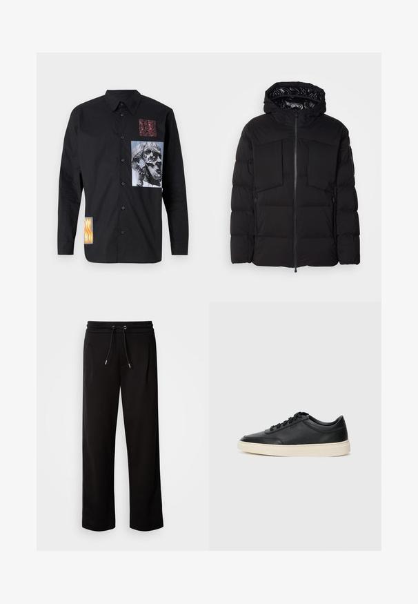 Juodas pūkinis švarkas, pagamintas iš glotnaus nailono, su priekiniais užtrauktukais, didelėmis krūtinės kišenėmis ir gobtuvu. Išpūstas, skirtas šilumai ir patogumui.; Juodas ilgos rankovės marškinėliai, pagaminti iš medvilnės. Su daugybe audinio pleistrų su grafika, įskaitant kaukolę ir abstrakčius piešinius.; Juodi laisvo kirpimo sportiniai kelnes, pagamintos iš minkštos medžiagos, su elastiniu juosmeniu ir virvutėmis, taip pat su šoninėmis kišenėmis.; Juoda žema viršutinė odinė sportbačiai su juodais raišteliais ir kreminiu padu, pateikti šoniniame profilyje ant baltos fono.