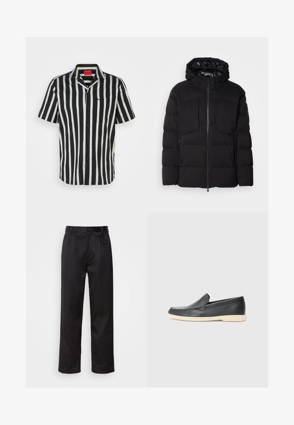 Juodas pūkinis švarkas, pagamintas iš glotnaus nailono, su priekiniais užtrauktukais, didelėmis krūtinės kišenėmis ir gobtuvu. Išpūstas, skirtas šilumai ir patogumui.; Juodos ir baltos juostelės trumpomis rankovėmis marškiniai su žaliais akcentais, mygtukų užsegimas, smailus apykaklė ir kairėje krūtinės pusėje kišenė. Prekės ženklo logo ant kišenės.; Juodi kelniukai, pagaminti iš lygaus audinio, su užsegimu priekyje, raukšlėmis ir tiesiomis kojomis. Nėra matomų raštų ar akcentų.; Juodi odiniai batus be raištelių, turintys tekstūruotą paviršių ir kontrastingą smėlio spalvos gumos padai. Yra subtilus akcentas priekyje.