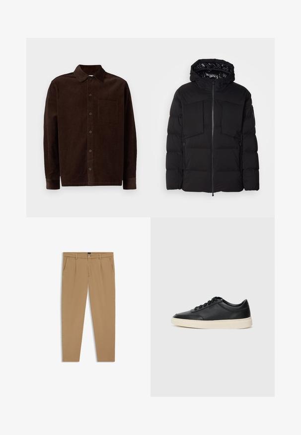 Giubbotto imbottito nero realizzato in nylon liscio, con zip frontale, grandi tasche sul petto e cappuccio. Imbottito per isolamento e comfort.; Samsøe Samsøe SADAMON SHIRT - Camicia - turkish coffee; Pantaloni beige con una texture liscia, design a gamba dritta, tasche anteriori e chiusura con bottone in vita.; Sneaker in pelle nera a basso profilo con lacci neri e suola avorio, mostrato di profilo su sfondo bianco.