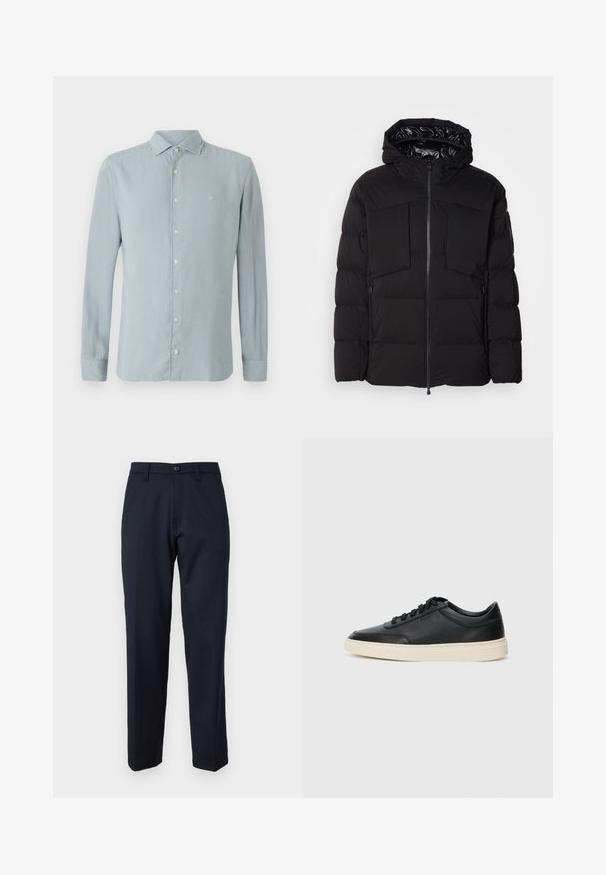 Chaqueta acolchada negra hecha de nailon suave, con cremallera frontal, grandes bolsillos en el pecho y capucha. Acolchada para aislamiento y comodidad.; Camisa de manga larga azul claro, hecha de una tela suave. Presenta un collar en punta, cierre de botones y un pequeño logo bordado en el pecho.; Pantalones azul marino de tejido suave, con botón delantero, diseño de pierna recta y bolsillos laterales. Sin patrones ni adornos visibles.; Zapatilla negra de piel de caña baja con cordones negros y suela color crema, mostrada en perfil lateral sobre fondo blanco.