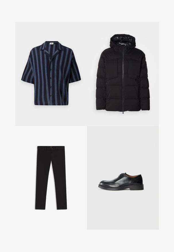 Musta puhallettu takki, joka on valmistettu sileästä nailonista. Siinä on edessä vetoketju, suuret rintataskut ja huppu. Vuorattu eristystä ja mukavuutta varten.; Lyhythihainen nappipaita, jossa on tummansininen tausta ja vaaleansiniset pystyröykkiöt sekä klassinen kaulusuunnittelu.; Mustat housut, jotka on valmistettu sileätekstiilisestä kankaasta. Varustettu nappikiinnityksellä, vyölenkeillä ja sivutaskuilla. Standardi suora lahjemalli.; Musta nahkakengät, joissa on pyöreä kärki, sileä pinta, nauhakoristeet ja matala, kuvioitu kumipohja. Siistit linjat ja minimalistinen muotoilu.