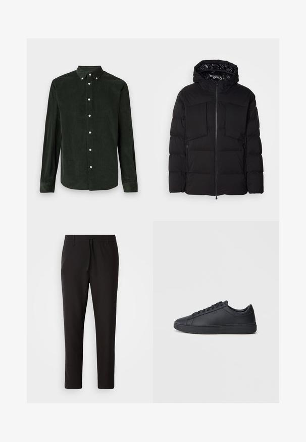 Zwarte donsjack gemaakt van glad nylon, met een ritssluiting aan de voorkant, grote borstzakken en een capuchon. Gevoerd voor isolatie en comfort.; Donkergroene corduroy overhemd met lange mouwen en knoopsluiting met een button-down kraag op een witte achtergrond.; Zwarte joggingsbroek van gladde stof. Kenmerkt zich door een elastische tailleband met een trekkoord, taps toelopende benen en geen zichtbare zakken. Eenvoudig ontwerp.; Zwarte sneakers van glad leer met een lage schacht, ronde neus en platte rubberen zool. Voorzien van veters en subtiele branding.
