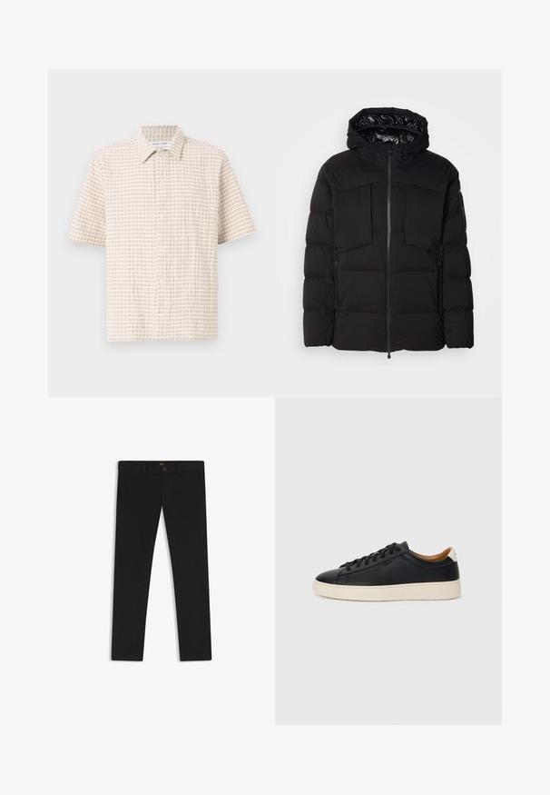 Svart pufferjacka i slät nylon, med framdragkedja, stora bröstfickor och huva. Vadderad för isolering och komfort.; Kortärmad, ljusbeige skjorta med ett rutmönster i mjuk brun färg, knappri på framsidan och klassisk krage. Slät tygtextur.; Svarta byxor gjorda av tyg med en slät textur. Har en knäppning med knapp, bälteshällor och sidofickor. Standard rakt ben-design.; Svarta lädersneakers med en slät yta, beige gummisula, snörning och en kontrasterande hälackcent.