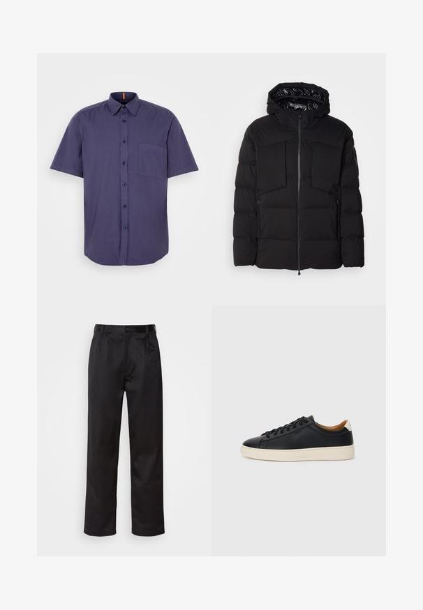 Juodas pūkinis švarkas, pagamintas iš glotnaus nailono, su priekiniais užtrauktukais, didelėmis krūtinės kišenėmis ir gobtuvu. Išpūstas, skirtas šilumai ir patogumui.; Trumpas rankovėms tamsiai mėlynas marškinėlių mygtukų sukišimu, pagamintas iš medvilnės, su krūtinės kišene ir išlenktu apdailos kraštu. Su tamsiais mygtukais ir apykakle.; Juodi kelniukai, pagaminti iš lygaus audinio, su užsegimu priekyje, raukšlėmis ir tiesiomis kojomis. Nėra matomų raštų ar akcentų.; Juodos odinės sportbačiai su lygiu paviršiumi, smėlio spalvos guminis padas, raišteliais užsegama konstrukcija ir kontrastingas kulno akcentas.