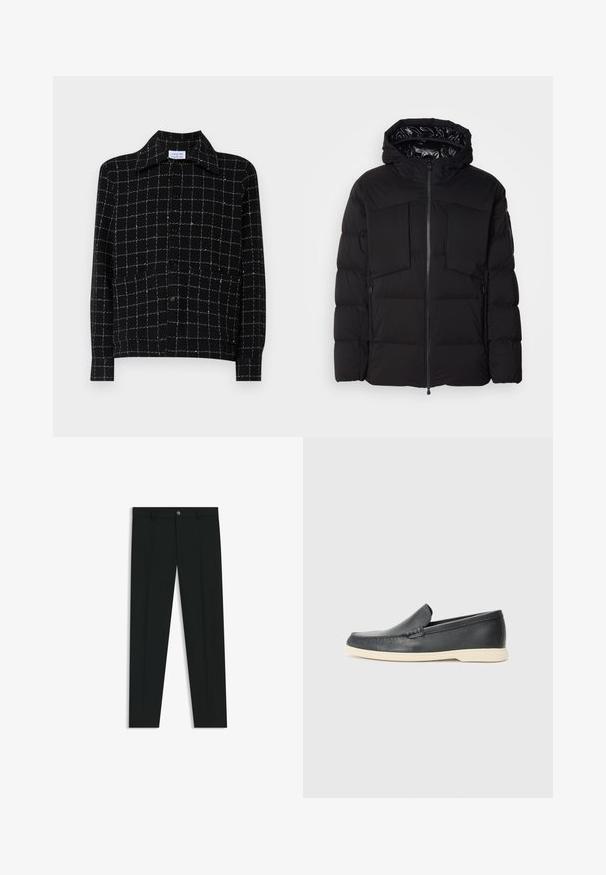 Musta puhallettu takki, joka on valmistettu sileästä nailonista. Siinä on edessä vetoketju, suuret rintataskut ja huppu. Vuorattu eristystä ja mukavuutta varten.; Musta napillinen paita, jossa on suuri ruutukuosi valkoisilla viivoilla, klassinen kaulus ja pitkät hihat, valmistettu tekstuurikankaasta.; Musta housut, joissa on suora lahje, valmistettu sileästä kankaasta. Edessä nappisulku ja vyölenkit. Yksinkertainen ilman kuvioita.; Mustat nahkakengät ilman nauhoja, joissa on teksturoitu pinta ja kontrastoiva beige kumipohja. Kengissä on hillitty yksityiskohta etuosassa.