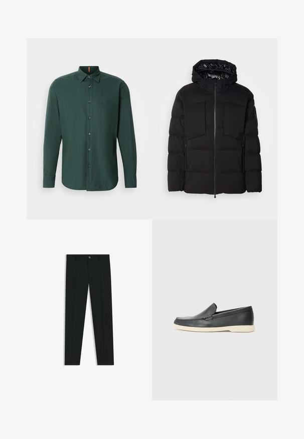 Svart pufferjacka i slät nylon, med framdragkedja, stora bröstfickor och huva. Vadderad för isolering och komfort.; Mörkgrön långärmad skjorta i bomull med knappkrage, framknappar och en subtil logotyp på bröstet.; Svarta dressbyxor med rak bendesign, gjorda av ett mjukt tyg. Har stängning med frontknapp och bälteshällor. Enfärgade utan mönster.; Svarta läder slip-on loafers med en texturerad yta och en kontrasterande beige gummisula. Har en subtil accent längs fram.