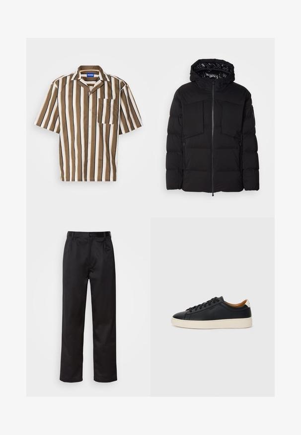 Schwarze Steppjacke aus glattem Nylon, mit einem Frontreißverschluss, großen Brusttaschen und einer Kapuze. Gepolstert für Wärme und Komfort.; Kurzarmhemd mit braunen, beigen und weißen vertikalen Streifen. Ausgestattet mit einem Reverskragen und einer einzelnen Brusttasche. Hergestellt aus glattem Stoff.; Schwarze Hosen aus glattem Stoff, mit einem Knopfverschluss vorne, Falten und geraden Beinen. Keine sichtbaren Muster oder Akzente.; Schwarze Ledersneaker mit glatter Textur, beiger Gummisohle, Schnürdesign und einem kontrastierenden Fersenakzent.