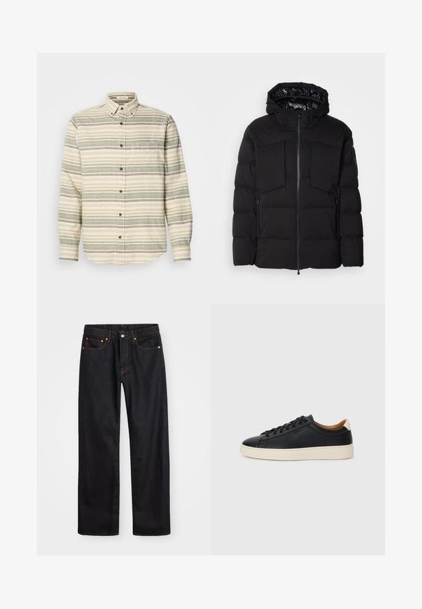 Zwarte donsjack gemaakt van glad nylon, met een ritssluiting aan de voorkant, grote borstzakken en een capuchon. Gevoerd voor isolatie en comfort.; Langue mouwen overhemd, beige met groene en grijze strepen. Heeft een borstzak en bruine knopen. Gemaakt van een textuurstof.; Heren straight-leg zwarte denim jeans met vijf zakken en oranje stiksels, knoop- en ritssluiting op de voorkant van de tailleband.; Zwarte leren sneakers met een gladde textuur, beige rubberen zool, vetersluiting en een contrasterende hielaccent.