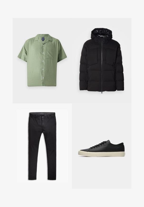 Melnā pūkainā jaka, kas izgatavota no gluda neilona, ar priekšējo rāvējslēdzēju, lielām krūšu kabatām un kapuci. Iepildīta siltumizolācijai un komfortam.; GAP Krekls - twig; Melnas kokvilnas chinos bikses ar sašaurinātu piegriezumu, piecas kabatas, jostas cilpas un gludu audumu. Ar rāvējslēdzēju un pogu aizdari.; Zemākā melnā ādas čības ar melnām šņorēm un off-white gumijas zoli, sānu skats, kurā redzams izlīdzens "BOSS" zīmols.