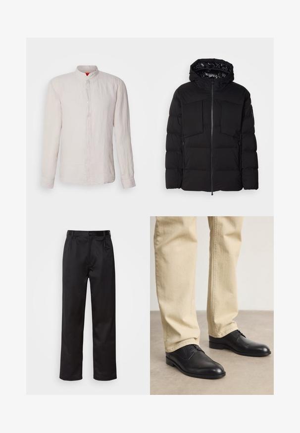 Giubbotto imbottito nero realizzato in nylon liscio, con zip frontale, grandi tasche sul petto e cappuccio. Imbottito per isolamento e comfort.; HUGO ELVORY - Camicia - light/pastel grey; Pantaloni neri realizzati in tessuto morbido, con chiusura frontale a bottone, pieghe e gambe dritte. Nessun motivo o accento visibile.; Scarpe stringate in pelle nera con punta arrotondata, finitura liscia e dettagli di cucitura sottili, indossate con pantaloni beige chiaro.