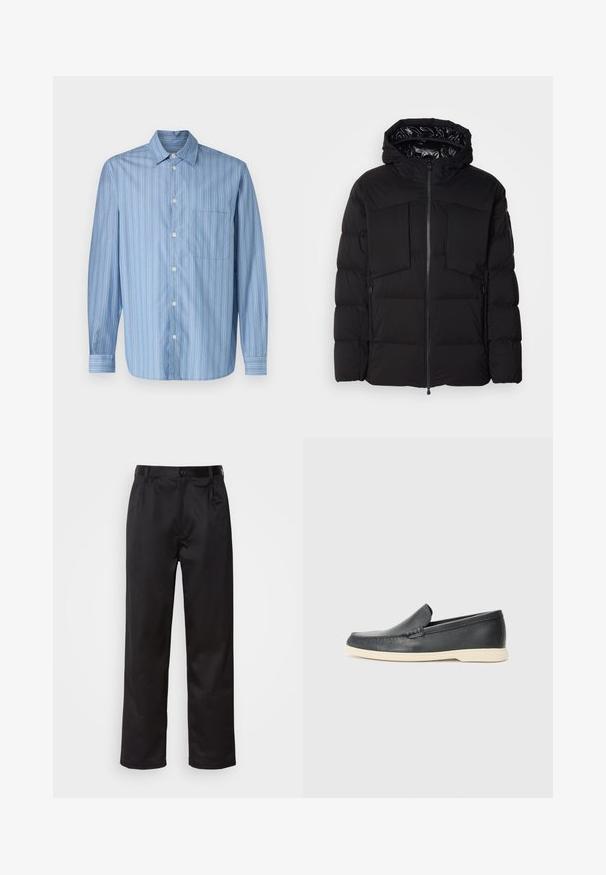 Melnā pūkainā jaka, kas izgatavota no gluda neilona, ar priekšējo rāvējslēdzēju, lielām krūšu kabatām un kapuci. Iepildīta siltumizolācijai un komfortam.; Gaiši zils krekliņš ar vertikālām svītrām mainīgos platumos, ar norādītas apkakles, garām piedurknēm un vienu krūšu kabatu.; Melnas bikses, kas izgatavotas no gludas auduma, ar priekšējo pogu aizdari, krokām un taisnām kājām. Nav redzamu rakstu vai akcentu.; Melni ādas kurpes, kas valkājas uz slip-on principa, ar teksturētu apdari un kontrastējošu beigu gumijas zoli. Iespējama smalka apdare priekšpusē.