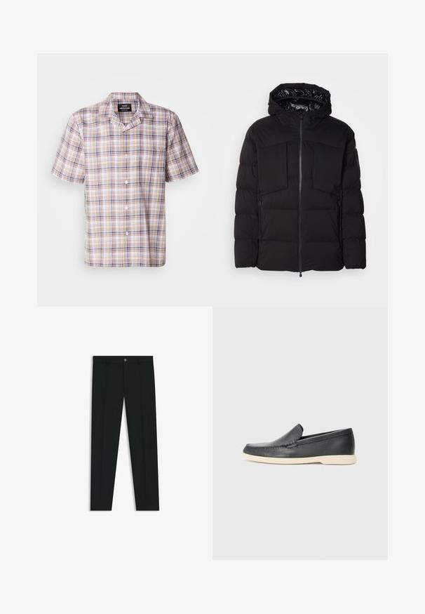 Giubbotto imbottito nero realizzato in nylon liscio, con zip frontale, grandi tasche sul petto e cappuccio. Imbottito per isolamento e comfort.; Camicia a maniche corte a quadri color beige, con dettagli blu e marroni, colletto e bottoni frontali. Realizzata in tessuto leggero, presenta un motivo a scacchi.; Pantaloni neri in tessuto lisci, con design a gamba dritta. Presentano una chiusura frontale con bottone e passanti per cintura. Senza fantasie.; Mocassini neri in pelle con finitura testurizzata e suola in gomma beige a contrasto. Presentano un accento sottile lungo la parte anteriore.