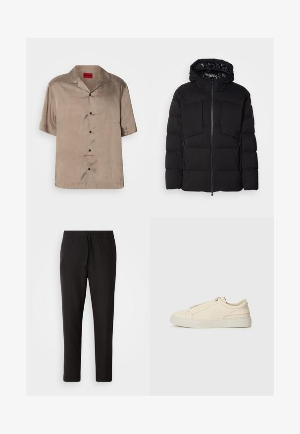 Melnā pūkainā jaka, kas izgatavota no gluda neilona, ar priekšējo rāvējslēdzēju, lielām krūšu kabatām un kapuci. Iepildīta siltumizolācijai un komfortam.; Krūšu piedurknēm, gaiši brūna krekls no gludas auduma ar apkakles izgriezumu, satur piecus melnus pogas un taisnu apakšmalu.; Melnas sporta bikses no gludas auduma. Tām ir elastīga josta ar auklu, sašaurinātas kājas un nav redzamu kabatu. Vienkāršs dizains.; Bežīga ādas kedas ar noapaļotu purngalu, minimālistisku dizainu, smalkiem stīgām un teksturētu virsmu uz gaišas zoles.