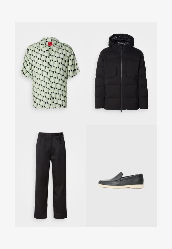 Sort pufferjakke lavet af glat nylon, med en frontlynlås, store brystlommer og hætte. Polstret for isolering og komfort.; Kortærmet button-up skjorte i lys grøn med et marineblåt abstrakt bladmønster. Har en camp krave og sorte knapper. Glat stof tekstur.; Sorte bukser lavet af glat stof, med frontknaplukning, pressefolder og lige ben. Ingen synlige mønstre eller accenter.; Sorte læder slip-on loafers med en struktureret overflade og en kontrasterende beige gummisål. Har en subtil detalje langs forsiden.