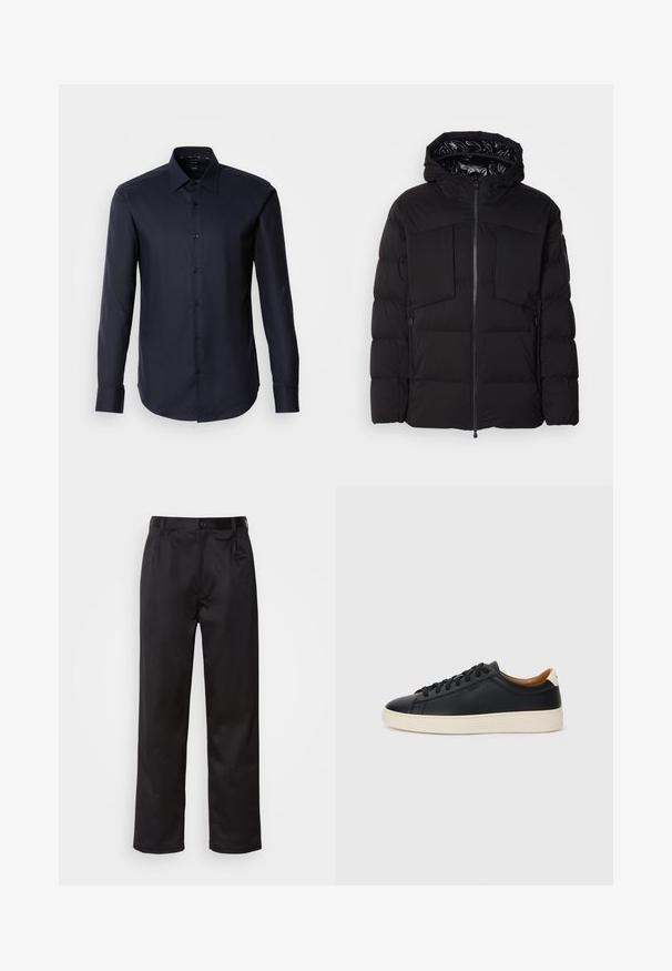 Juodas pūkinis švarkas, pagamintas iš glotnaus nailono, su priekiniais užtrauktukais, didelėmis krūtinės kišenėmis ir gobtuvu. Išpūstas, skirtas šilumai ir patogumui.; Tamsiai mėlynas ilgas rankovėmis mygtukais šalikas, pagamintas iš lygaus audinio. Turintis smailų apykaklę ir vieno mygtuko manžetes. Minimalistinis dizainas be raštų.; Juodi kelniukai, pagaminti iš lygaus audinio, su užsegimu priekyje, raukšlėmis ir tiesiomis kojomis. Nėra matomų raštų ar akcentų.; Juodos odinės sportbačiai su lygiu paviršiumi, smėlio spalvos guminis padas, raišteliais užsegama konstrukcija ir kontrastingas kulno akcentas.