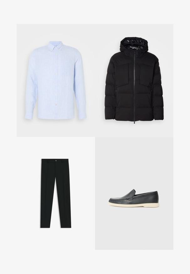 Chaqueta acolchada negra hecha de nailon suave, con cremallera frontal, grandes bolsillos en el pecho y capucha. Acolchada para aislamiento y comodidad.; Camisa de botón azul claro hecha de tela texturizada, con cuello, mangas largas, un bolsillo en el pecho y un sutil patrón de rayas.; Pantalones de vestir negros con un diseño de pierna recta, hechos de una tela suave. Cuentan con un cierre frontal de botón y lazos para cinturón. Liso, sin patrones.; Mocasines de piel negra sin cordones con un acabado texturizado y una suela de goma beige en contraste. Presentan un sutil acento en la parte frontal.