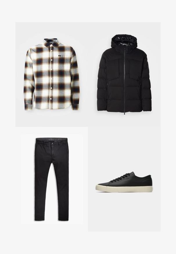 Black puffer jacket made of smooth nylon, featuring a front zipper, large chest pockets, and a hood. Padded for insulation and comfort.; Long-sleeve plaid shirt in white, gray, and brown. Features a button-up design, classic collar, and a small brand logo on the chest.; Black cotton chinos with a tapered fit, featuring five pockets, belt loops, and a smooth texture. Zip fly with a button closure.; Low-top black leather sneaker with black laces and off-white rubber sole, side view showing subtle "BOSS" branding.