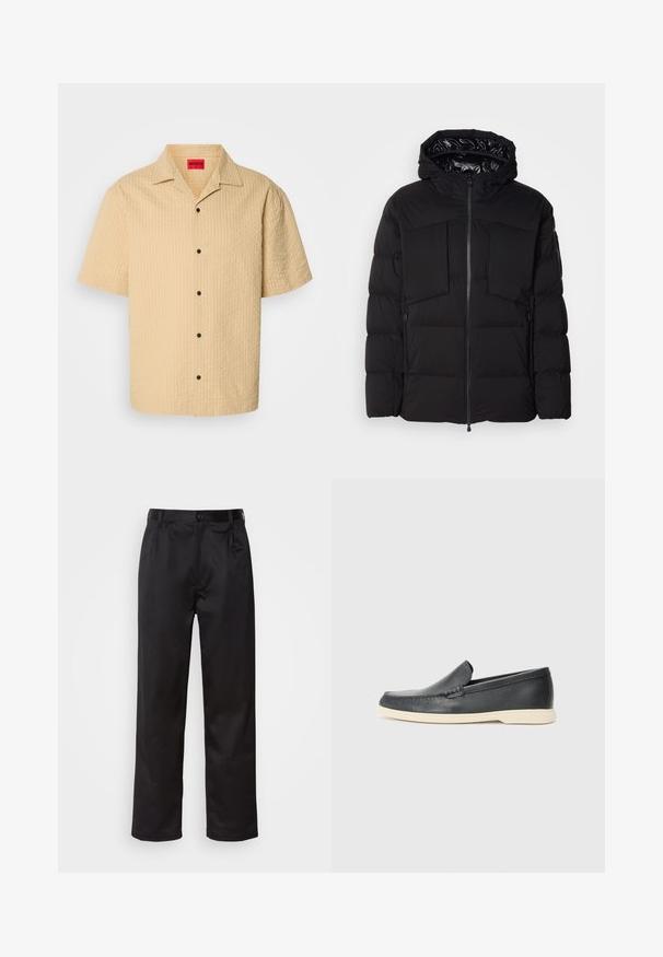 Melnā pūkainā jaka, kas izgatavota no gluda neilona, ar priekšējo rāvējslēdzēju, lielām krūšu kabatām un kapuci. Iepildīta siltumizolācijai un komfortam.; Īsām piedurknēm, ar apkakli, gaismas bežā tekstūrā, ar šūnu rakstu un melniem pogām. Etiķete redzama iekšpusē apģērba apkaklē.; Melnas bikses, kas izgatavotas no gludas auduma, ar priekšējo pogu aizdari, krokām un taisnām kājām. Nav redzamu rakstu vai akcentu.; Melni ādas kurpes, kas valkājas uz slip-on principa, ar teksturētu apdari un kontrastējošu beigu gumijas zoli. Iespējama smalka apdare priekšpusē.