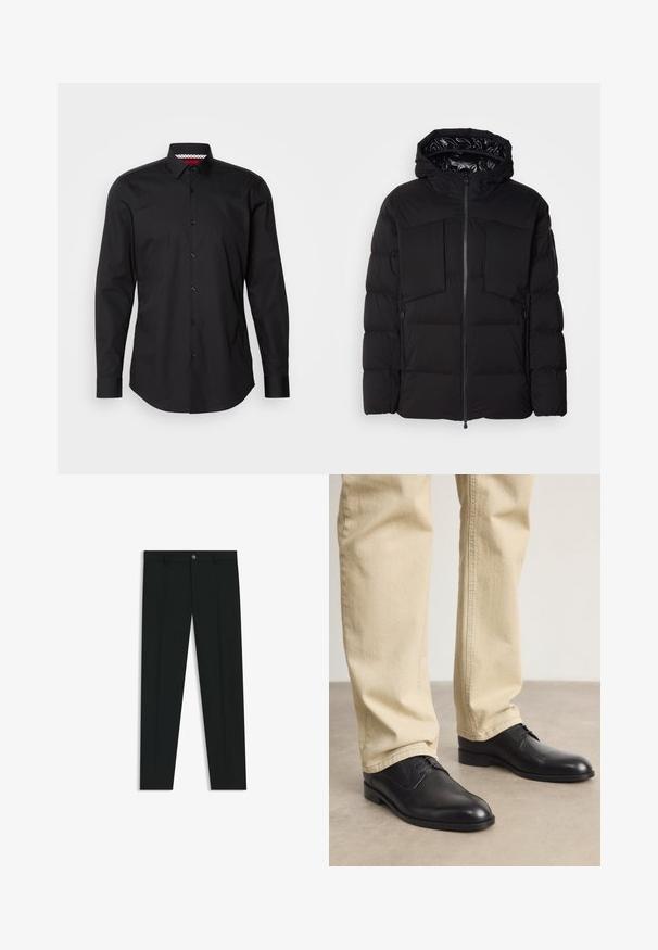 Musta puhallettu takki, joka on valmistettu sileästä nailonista. Siinä on edessä vetoketju, suuret rintataskut ja huppu. Vuorattu eristystä ja mukavuutta varten.; Mustat napitettavat paidat, joissa on pitkät hihat, klassinen kaulus ja näkyvä nappilista. Kauluksen sisäpuolella on punavalkoinen kuviovaihtoehto.; Musta housut, joissa on suora lahje, valmistettu sileästä kankaasta. Edessä nappisulku ja vyölenkit. Yksinkertainen ilman kuvioita.; Musta nahkakengät nauhalla, pyöreällä kärjellä, sileällä pinnalla ja hienovaraisilla ompelutiedoilla, käytettynä vaaleanbeigejen housujen kanssa.
