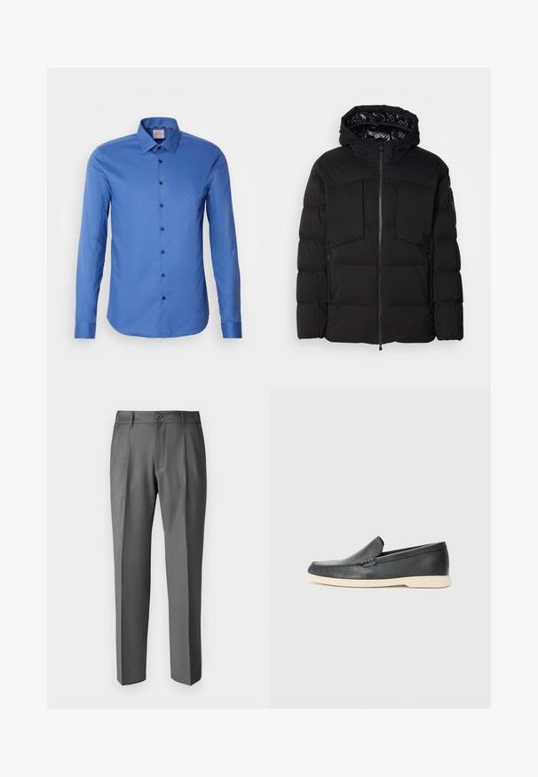 Giubbotto imbottito nero realizzato in nylon liscio, con zip frontale, grandi tasche sul petto e cappuccio. Imbottito per isolamento e comfort.; Camicia blu a maniche lunghe con bottoni, realizzata in tessuto testurizzato, dotata di colletto a punta e bottoni scuri lungo la parte anteriore. Piccolo logo sul petto.; DRYKORN LEEK - Pantaloni - grey; Mocassini neri in pelle con finitura testurizzata e suola in gomma beige a contrasto. Presentano un accento sottile lungo la parte anteriore.