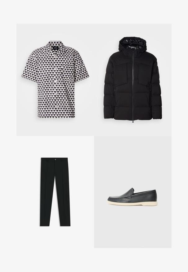 Musta puhallettu takki, joka on valmistettu sileästä nailonista. Siinä on edessä vetoketju, suuret rintataskut ja huppu. Vuorattu eristystä ja mukavuutta varten.; Valkoinen lyhythihainen paita, jossa on tummansininen sydänkuvio. Varustettu nappi-edessä, kauluksella ja vasemmassa rinnassa taskulla.; Musta housut, joissa on suora lahje, valmistettu sileästä kankaasta. Edessä nappisulku ja vyölenkit. Yksinkertainen ilman kuvioita.; Mustat nahkakengät ilman nauhoja, joissa on teksturoitu pinta ja kontrastoiva beige kumipohja. Kengissä on hillitty yksityiskohta etuosassa.