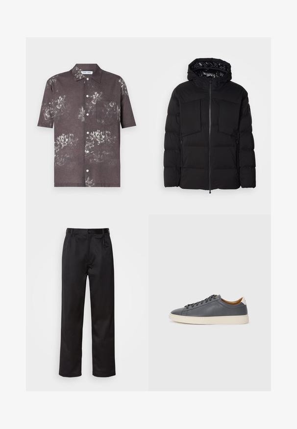 Černá péřová bunda z hladkého nylonu, vybavená předním zipem, velkými náprsními kapsami a kapucí. Polstrovaná pro tepelnou izolaci a pohodlí.; Krátký rukáv košile z tmavě šedé látky s květinovým vzorem v jasnějších odstínech, s knoflíkovým zapínáním a kapsou na prsou.; Černé kalhoty vyrobené z hladké tkaniny, se zapínáním na přední knoflík, sklady a rovnými nohavicemi. Bez viditelných vzorů nebo doplňků.; Šedé kožené tenisky s kulatou špičkou, gumovou podrážkou, plochými tkaničkami a světlými akcenty na patě. Hladký povrch a minimalistický design.