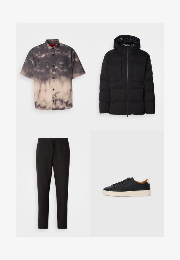 Chaqueta acolchada negra hecha de nailon suave, con cremallera frontal, grandes bolsillos en el pecho y capucha. Acolchada para aislamiento y comodidad.; HUGO ERATINO - Camisa - medium brown; Pantalones de chándal negros de tejido suave. Cuentan con una cintura elástica con cordón, piernas ajustadas y sin bolsillos visibles. Diseño sencillo.; Zapatillas negras de cuero con una textura suave, suela de goma beige, diseño de cordones y un acento en el talón de color contrastante.