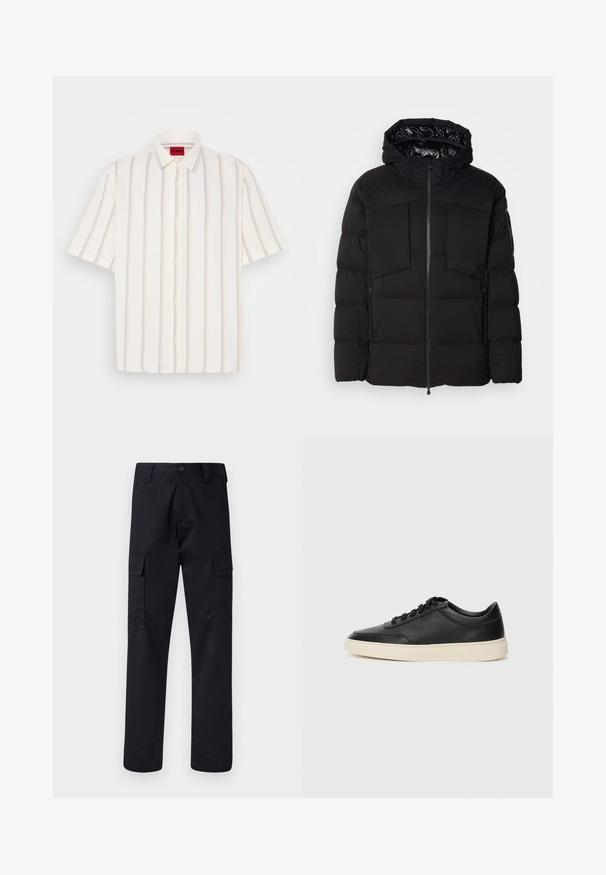 Melnā pūkainā jaka, kas izgatavota no gluda neilona, ar priekšējo rāvējslēdzēju, lielām krūšu kabatām un kapuci. Iepildīta siltumizolācijai un komfortam.; Īsām piedurknēm, pogājama krekla balta krāsa ar vertikāliem svītriņām gaiši pelēkā un maigu tonī, ar tradicionālu apkakli un mīkstu faktūru.; Melni kravas bikses, kas izgatavotas no izturīga auduma, ar taisnu kāju griezumu, divām sānu kabatām un pogu aizdari jostas vietā.; Melnas zemas ādas sporta kurpes ar melnām auklām un off-white zoli, rādītas no sānu profila uz baltā fona.