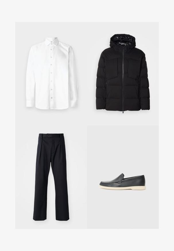 Černá péřová bunda z hladkého nylonu, vybavená předním zipem, velkými náprsními kapsami a kapucí. Polstrovaná pro tepelnou izolaci a pohodlí.; Bílá dlouhá košile s límečkem, s knoflíkovou přední stranou a manžetami na jeden knoflík. Hladká, jednobarevná tkanina bez vzorů nebo ozdob.; Černé kalhoty z hladké tkaniny, s rovnými nohavicemi, předními sklady a jedním knoflíkem na zapínání v pase.; Černé kožené mokasíny na klínku s texturovaným povrchem a kontrastní béžovou gumovou podrážkou. Vyznačují se jemným akcentem podél přední části.