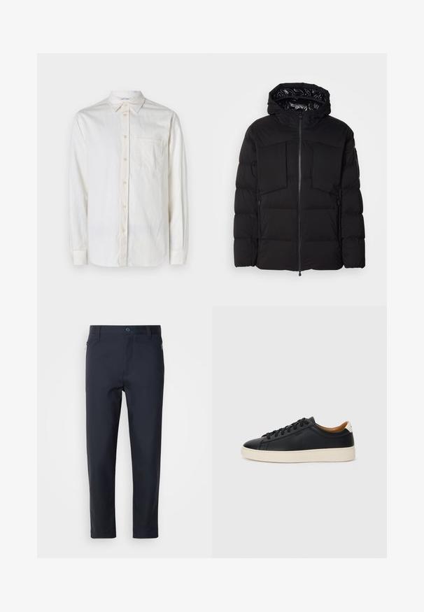 Juodas pūkinis švarkas, pagamintas iš glotnaus nailono, su priekiniais užtrauktukais, didelėmis krūtinės kišenėmis ir gobtuvu. Išpūstas, skirtas šilumai ir patogumui.; Ilgomis rankovėmis baltas marškinis, pagamintas iš tekstūruoto audinio, su mygtukų apykakle, priekinėmis kišenėmis ir mygtukais prie užtrauktuko ir rankogalių.; Tamsiai mėlynos pritaikytos kelnės, pagamintos iš sklandžios medžiagos, su užtrauktuku užsegama kišene, tiesiomis kojomis ir mygtuko užsegimu juosmens srityje.; Juodos odinės sportbačiai su lygiu paviršiumi, smėlio spalvos guminis padas, raišteliais užsegama konstrukcija ir kontrastingas kulno akcentas.