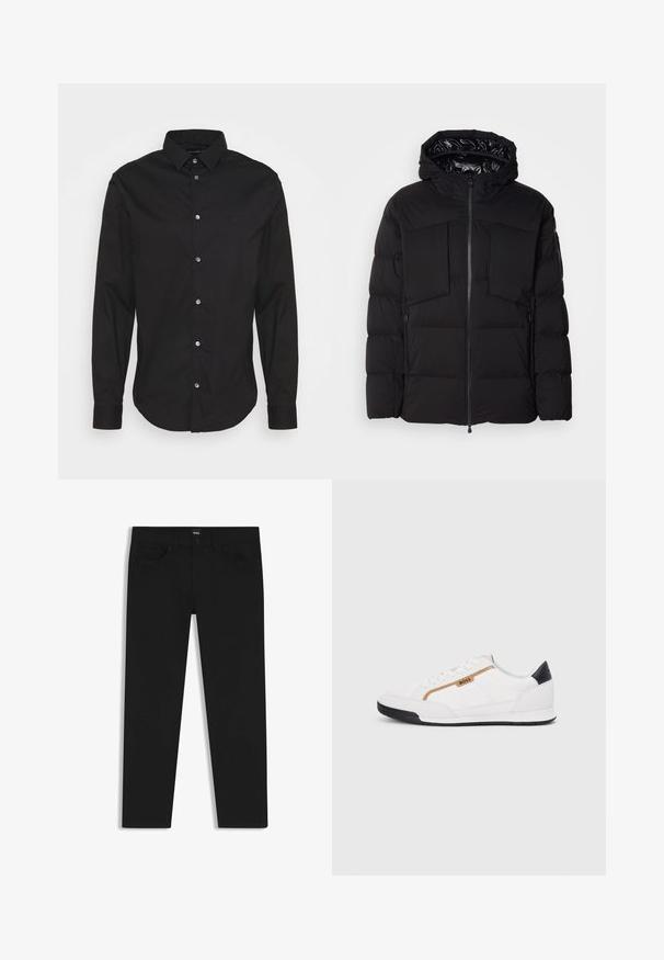 Czarna puchowa kurtka wykonana z gładkiego nylonu, z zapięciem na zamek błyskawiczny z przodu, dużymi kieszeniami na piersi i kapturem. Wypełniona dla lepszej izolacji i komfortu.; Czarna koszula z długim rękawem, klasycznym kołnierzykiem i regularnym krojem. Posiada subtelne logo, gładką teksturę oraz metalowe guziki.; Czarne dżinsy o prostym kroju, z klasycznym paskiem, pięcioma kieszeniami i zapięciem na guzik. Gładka faktura na całej powierzchni.; Białe buty sportowe z siateczkowymi i skórzanymi akcentami. Posiadają złote logo "BOSS", teksturowane boczne panele i czapkę pięty w kolorze czarnym. Gumowa podeszwa.