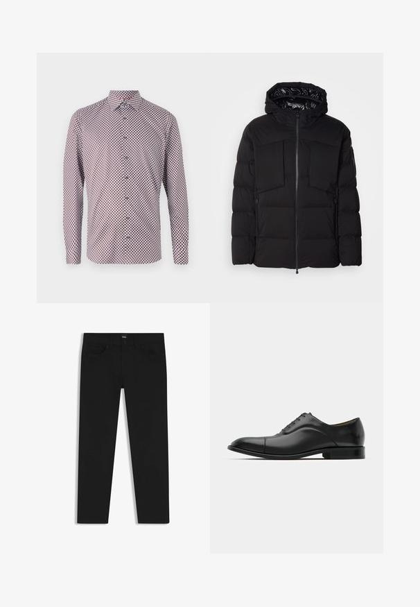 Giubbotto imbottito nero realizzato in nylon liscio, con zip frontale, grandi tasche sul petto e cappuccio. Imbottito per isolamento e comfort.; Camicia con maniche lunghe e bottoni di colore bianco con un motivo geometrico rosso e blu navy. Presenta un colletto, polsini e un taglio dritto.; Pantaloni in denim nero con taglio dritto, dotati di vita standard, cinque tasche e chiusura con bottone. Texture liscia su tutta la superficie.; Scarpa da uomo in pelle nera con texture liscia, punta arrotondata e cinque occhielli. Presenta un tacco basso impilato e dettagli di cucitura sottili.