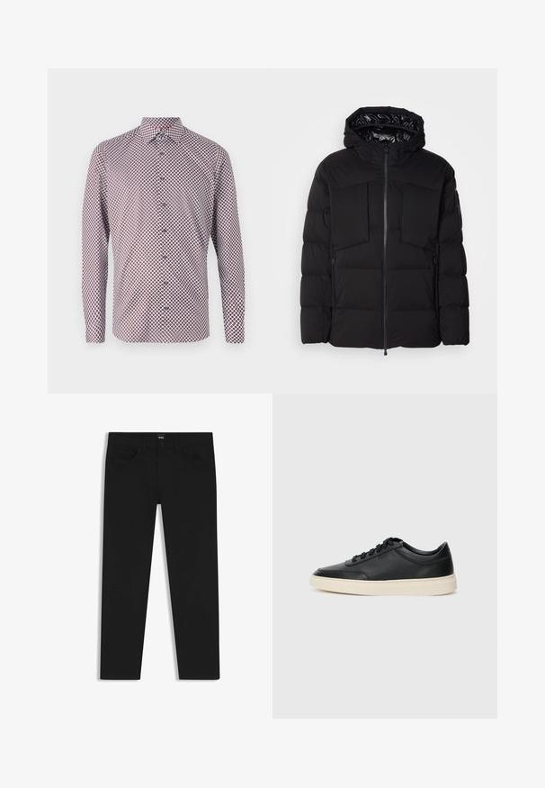 Schwarze Steppjacke aus glattem Nylon, mit einem Frontreißverschluss, großen Brusttaschen und einer Kapuze. Gepolstert für Wärme und Komfort.; Langarm-Hemd mit Knöpfen in Weiß mit einem rot-blauen geometrischen Muster. Verfügt über einen Kragen, Manschetten und einen geraden Schnitt.; Schwarze Denim-Hosen mit geradem Schnitt, ausgestattet mit einem Standardbund, fünf Taschen und einem Knopfverschluss. Angenehme, glatte Textur.; Schwarzer niedriger Ledersneaker mit schwarzen Schnürsenkeln und cremefarbenem Sohlenrand, seitlich auf weißem Hintergrund dargestellt.