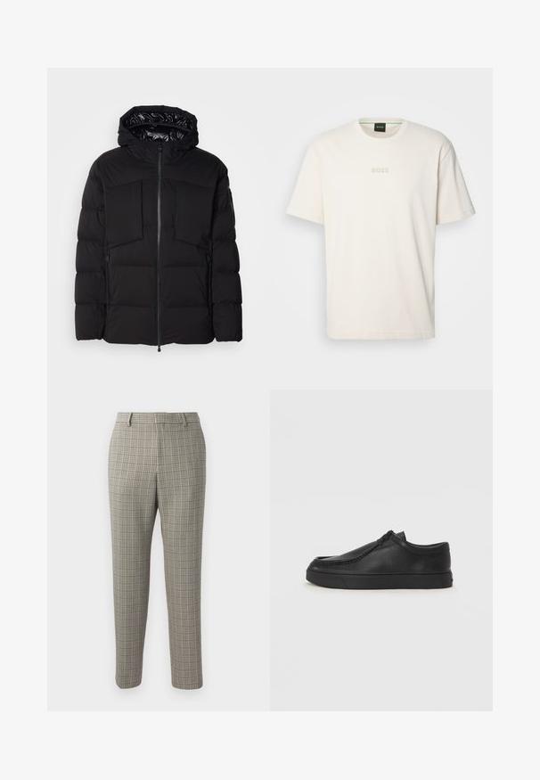 Crna puffer jakna od glatkog najlona, s prednjim patentnim zatvaračem, velikim džepovima na prsima i kapuljačom. Podstavljena za izolaciju i udobnost.; BOSS TEE - Osnovna majica kratkih rukava - open white; Hlače od svijetlo bež tkanine s kariranim uzorkom u tamno smeđoj i mornarskoj plavoj boji, ravnog kroja i standardnim pojasom.; Crne kožne cipele bez vezivanja s okruglim vrhom, šivanim detaljima i crnom gumenom potplatom. Glatka tekstura s minimalističkim dizajnom.
