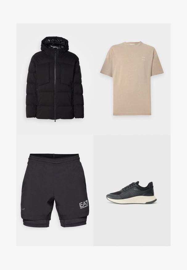 Casaco puffer preto feito de nylon liso, com fecho frontal, grandes bolsos no peito e capuz. Almofadado para isolamento e conforto.; T-shirt de algodão bege com mangas curtas e decote redondo. Apresenta o nome da marca impresso de forma subtil no lado superior esquerdo do peito. Textura suave.; Calções de desporto pretos com uma camada interna ajustada, cintura elástica e detalhe de logótipo na perna inferior esquerda. Feitos de tecido leve.; Sapatilha atlética preta com parte superior em malha com perfurações, uma entressola texturizada em creme e uma sola de borracha para tração.