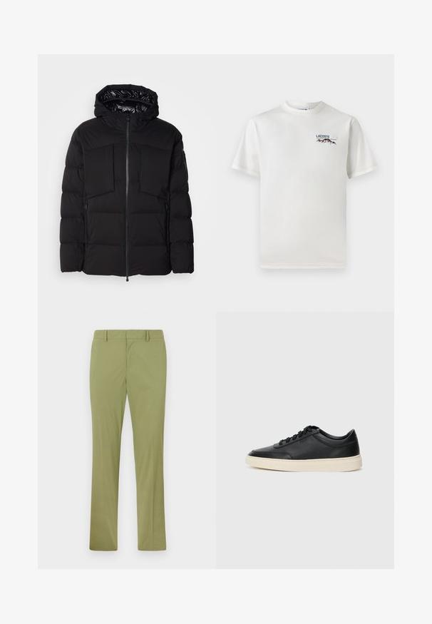 Črna puhovka iz gladkega najlona, z sprednjim zadrgo, velikima žepoma na prsih in kapuco. Opremljena je z oblogami za izolacijo in udobje.; Bela bombažna majica s krožnim ovratnikom, kratkimi rokavi in majhnim izvezenim logotipom, ki vsebuje gore in besedilo na levi prsni strani.; Khaki-zelene hlače s ravnim krojem, ravnim sprednjim delom in zankami za pas. Narejene so iz gladkega materiala z rahlim leskom.; Črne nizke usnjene teniske s črnimi vezalkami in svetlo belo podplatom, prikazane v stranskem profilu na beli podlagi.