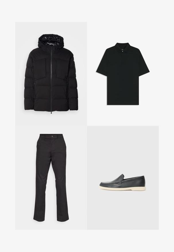 Black puffer jacket made of smooth nylon, featuring a front zipper, large chest pockets, and a hood. Padded for insulation and comfort.; Black polo shirt made of smooth fabric with short raglan sleeves, a classic collar, and a single button closure at the neck.; GAP STRAIGHT PERFORMANCE - Trousers - true black; Black leather slip-on loafers with a textured finish and a contrasting beige rubber sole. Features a subtle accent along the front.