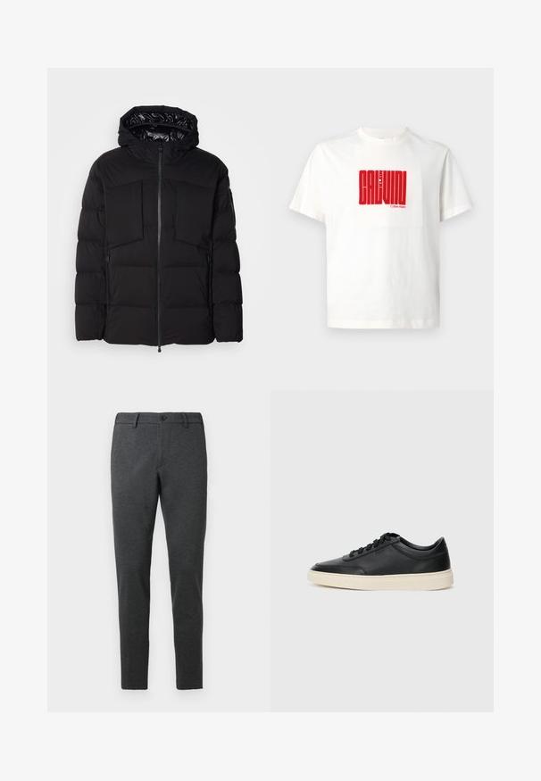Černá péřová bunda z hladkého nylonu, vybavená předním zipem, velkými náprsními kapsami a kapucí. Polstrovaná pro tepelnou izolaci a pohodlí.; Bílý bavlněný tričko s velkým červeným grafickým potiskem "CALVIN KLEIN" na přední straně, s kulatým výstřihem a krátkými rukávy.; Tmavě šedé kalhoty vyrobené z texturované látky. Střih na tělo se rovnými nohavicemi, s jedním knoflíkem na zapínání a poutky na opasek.; Černé kožené nízké tenisky s černými tkaničkami a slonovinovou podešví, zobrazené v bočním profilu na bílém pozadí.