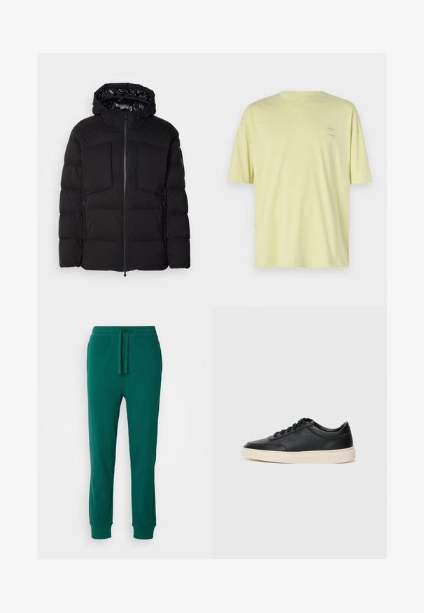 Crna puffer jakna od glatkog najlona, s prednjim patentnim zatvaračem, velikim džepovima na prsima i kapuljačom. Podstavljena za izolaciju i udobnost.; Svijetlo žuta pamučna majica s kratkim rukavima, okruglim vratom i dva mala loga "SAMSØE" otisnuta na gornjoj lijevoj strani.; Zelene pamučne trenirke s elastičnom trakom u struku, vezicom i manžetama na gležnjevima. Glatka tekstura s jednoličnom bojom i bez vidljivih uzoraka.; Crne niske kožne tenisice s crnim vezicama i kremasto bijelom potplatom prikazane u bočnom profilu na bijeloj pozadini.