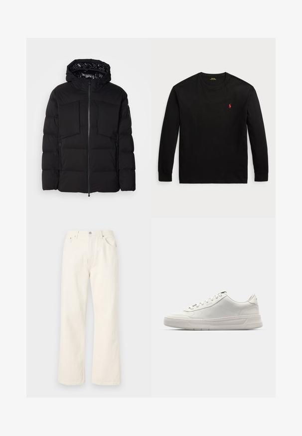 Geacă puffer neagră din nylon neted, cu fermoar frontal, buzunare mari pe piept și glugă. Căptușită pentru izolație și confort.; Tricou negru cu mânecă lungă din bumbac. Are guler rotund, manșete ribbificate și un mic logo roșu brodat pe piept. Textură netedă.; Jeans largi de culoare crem, confecționați din denim, având un design standard cu cinci buzunare și închidere cu un nasture metalic la talie.; Tenisi albi cu un superior din piele netedă, vârf rotund, sistem de închidere cu șireturi și o talpă groasă din cauciuc. Logo discret pe lateral.