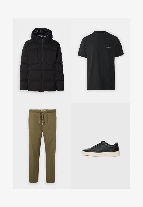 Must schwarz puffer jakk, mis on valmistatud siledast nailonist, ees on lukuga, suured rinna taskud ja kapuuts. Polsterdatud soojustamiseks ja mugavuseks.; Must must t-särk klassikalise ümmarguse kaelusega, lühikeste varrukatega ja vasakul rinnal kaks väikest valget "SAMSØE" logo.; Olivrohelised püksid elastse vöökoha ja reguleeritava nööriga. Sirge jala disain; kangas on sile ja pehme tekstuuriga.; Mustad musta nahast madal sneaker mustade nööpidega ja kreemivalge tallaga, nähtud külgprofiilis valge tausta ees.