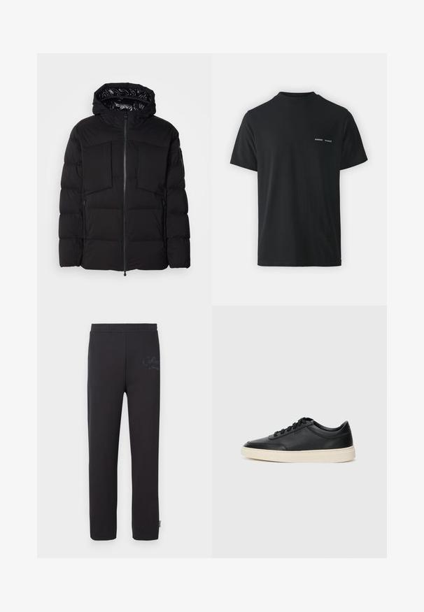 Black puffer jacket made of smooth nylon, featuring a front zipper, large chest pockets, and a hood. Padded for insulation and comfort.; Black cotton t-shirt with a classic crew neck, short sleeves, and two small white "SAMSØE" logos on the left chest.; Black sweatpants with an elastic waistband, featuring a subtle printed logo on the left thigh and a straight-leg design.; Black low-top leather sneaker with black laces and off-white sole shown in side profile on white background.