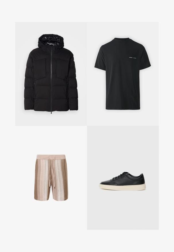 Crna puffer jakna od glatkog najlona, s prednjim patentnim zatvaračem, velikim džepovima na prsima i kapuljačom. Podstavljena za izolaciju i udobnost.; Crna pamučna majica s klasičnim okruglim izrezom, kratkim rukavima i s dva mala bijela logotipa "SAMSØE" na lijevoj strani prsnog koša.; Bežani pleteni kupaći šortsi s horizontalnim prugama u svjetlijim nijansama, elastičnom stražnjom gumom i teksturiranim materijalom.; Crne niske kožne tenisice s crnim vezicama i kremasto bijelom potplatom prikazane u bočnom profilu na bijeloj pozadini.