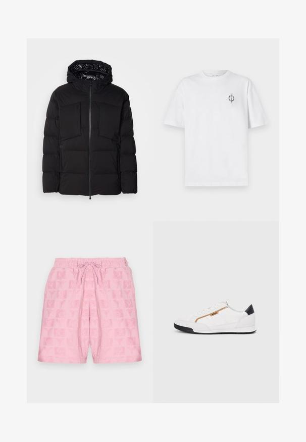 Črna puhovka iz gladkega najlona, z sprednjim zadrgo, velikima žepoma na prsih in kapuco. Opremljena je z oblogami za izolacijo in udobje.; Bela bombažna majica s sproščenim krojem, ki ima majhen črn grafični logotip na levem prsnem delu. Kratke rokave, okrogel izrez.; Roza kratke hlače z elastičnim pasom in vrvico; vsebujejo teksturirani vzorec logotipov in simbolov po površini blaga.; Bele športne čevlje z mrežnimi in usnjenimi detajli. Opremljeni so z zlatim logotipom "BOSS", teksturiranimi stranskimi paneli in črnim kapcom na peti. Guma podplat.