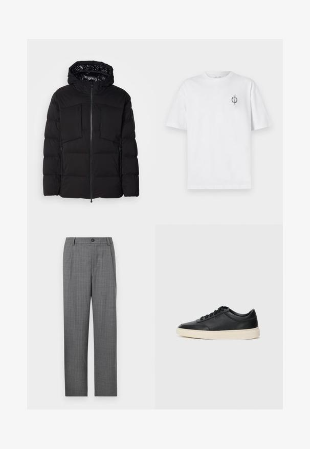 Černá péřová bunda z hladkého nylonu, vybavená předním zipem, velkými náprsními kapsami a kapucí. Polstrovaná pro tepelnou izolaci a pohodlí.; Bílý bavlněný tričko s volným střihem, které má malé černé grafické logo na levé straně hrudi. Krátké rukávy, kulatý výstřih.; Šedé kalhoty s přizpůsobeným střihem, které mají jemný pruhovaný vzor, zapínání na předním knoflíku a rovný střih nohavic. Bez viditelných kapes.; Černé kožené nízké tenisky s černými tkaničkami a slonovinovou podešví, zobrazené v bočním profilu na bílém pozadí.